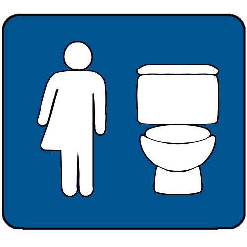 a blue bathroom sign featuring a symbol of a person that is half the symbol for woman and half the symbol for man. on their right is a symbol of a toilet.